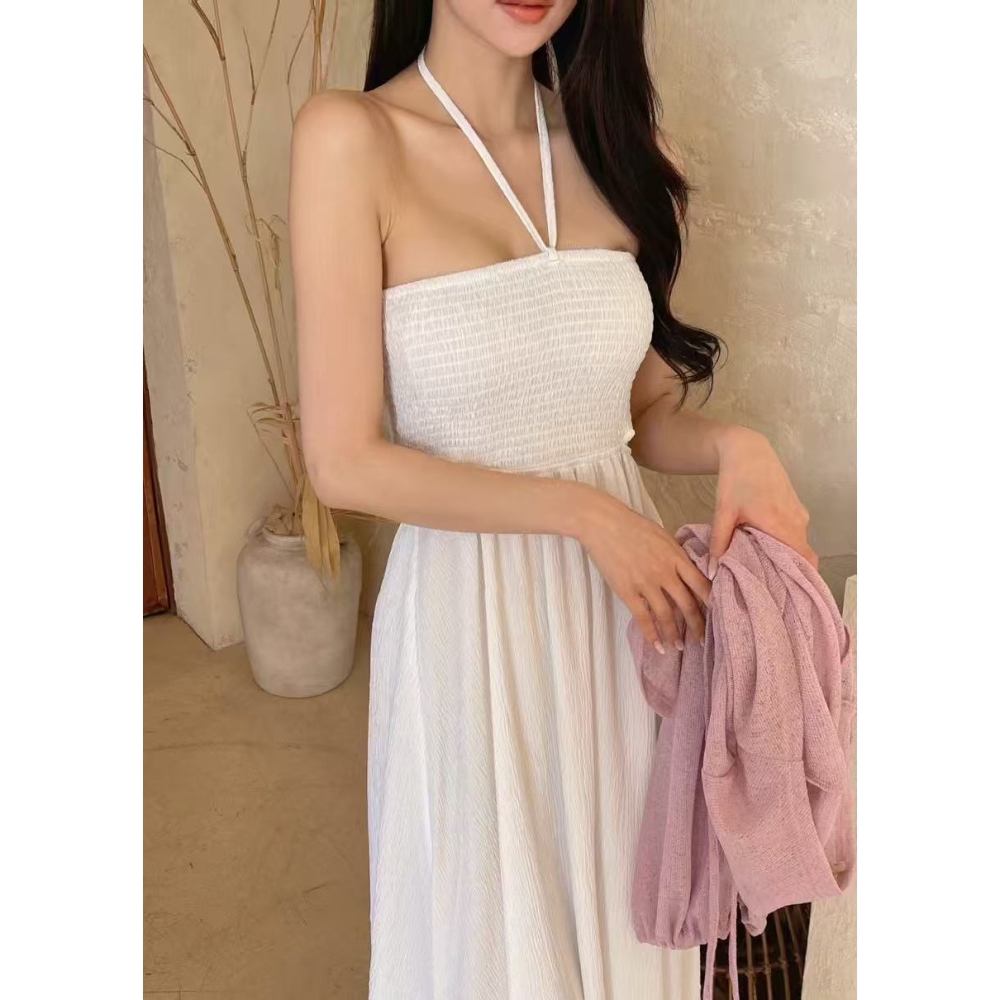 VENUSY｜正韓🇰🇷 - 顯瘦高質感✔ 韓國女裝｜平口鏤空長洋裝 韓國洋裝 掛脖度假洋裝 韓國洋裝-細節圖7