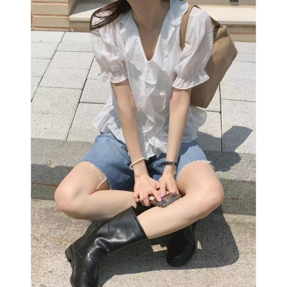 VENUSY｜正韓🇰🇷 - 韓國女裝｜天絲透光荷葉邊襯衫 韓國襯衫-細節圖2