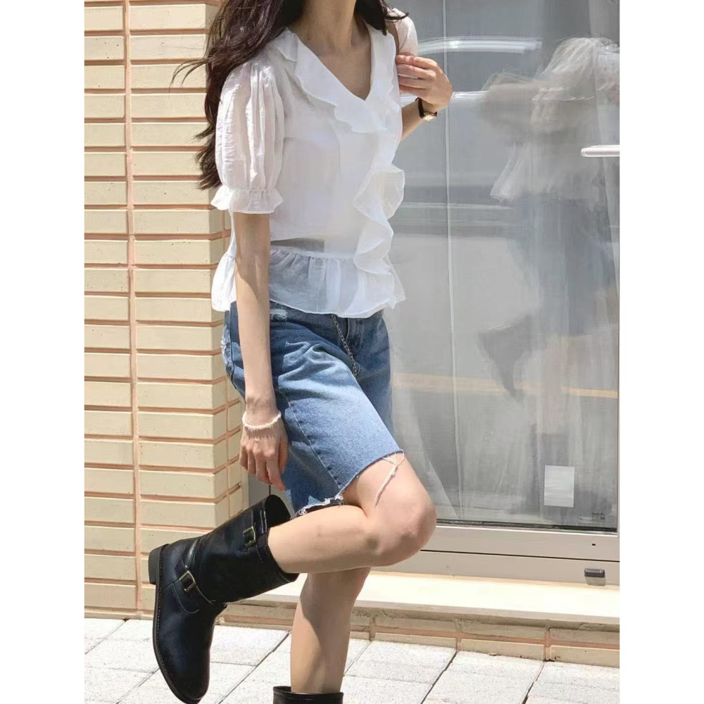 VENUSY｜正韓🇰🇷 - 韓國女裝｜天絲透光荷葉邊襯衫 韓國襯衫-細節圖6