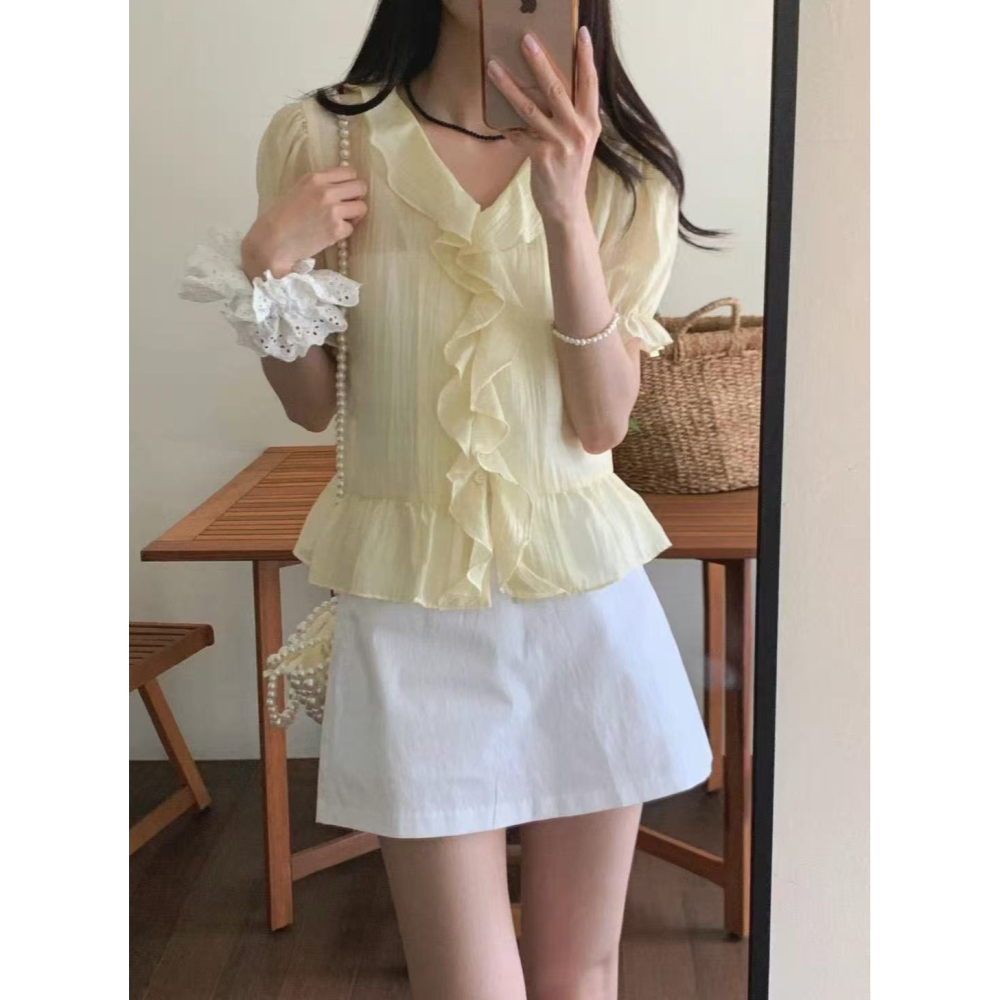 VENUSY｜正韓🇰🇷 - 韓國女裝｜天絲透光荷葉邊襯衫 韓國襯衫-細節圖7