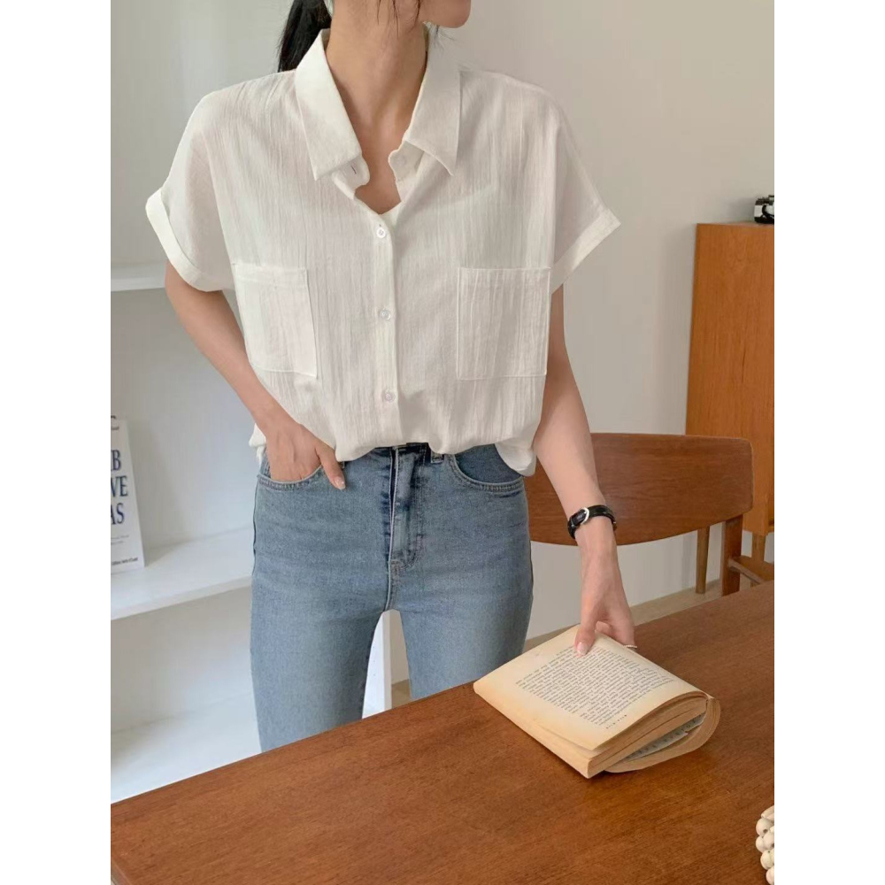 VENUSY｜正韓🇰🇷 - 透氣不貼膚舒適棉質☻ 韓國女裝｜口袋透光捲邊短袖襯衫 韓國襯衫-細節圖4