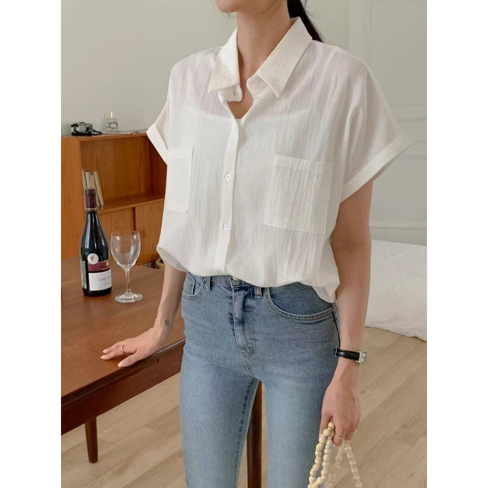 VENUSY｜正韓🇰🇷 - 透氣不貼膚舒適棉質☻ 韓國女裝｜口袋透光捲邊短袖襯衫 韓國襯衫-細節圖5