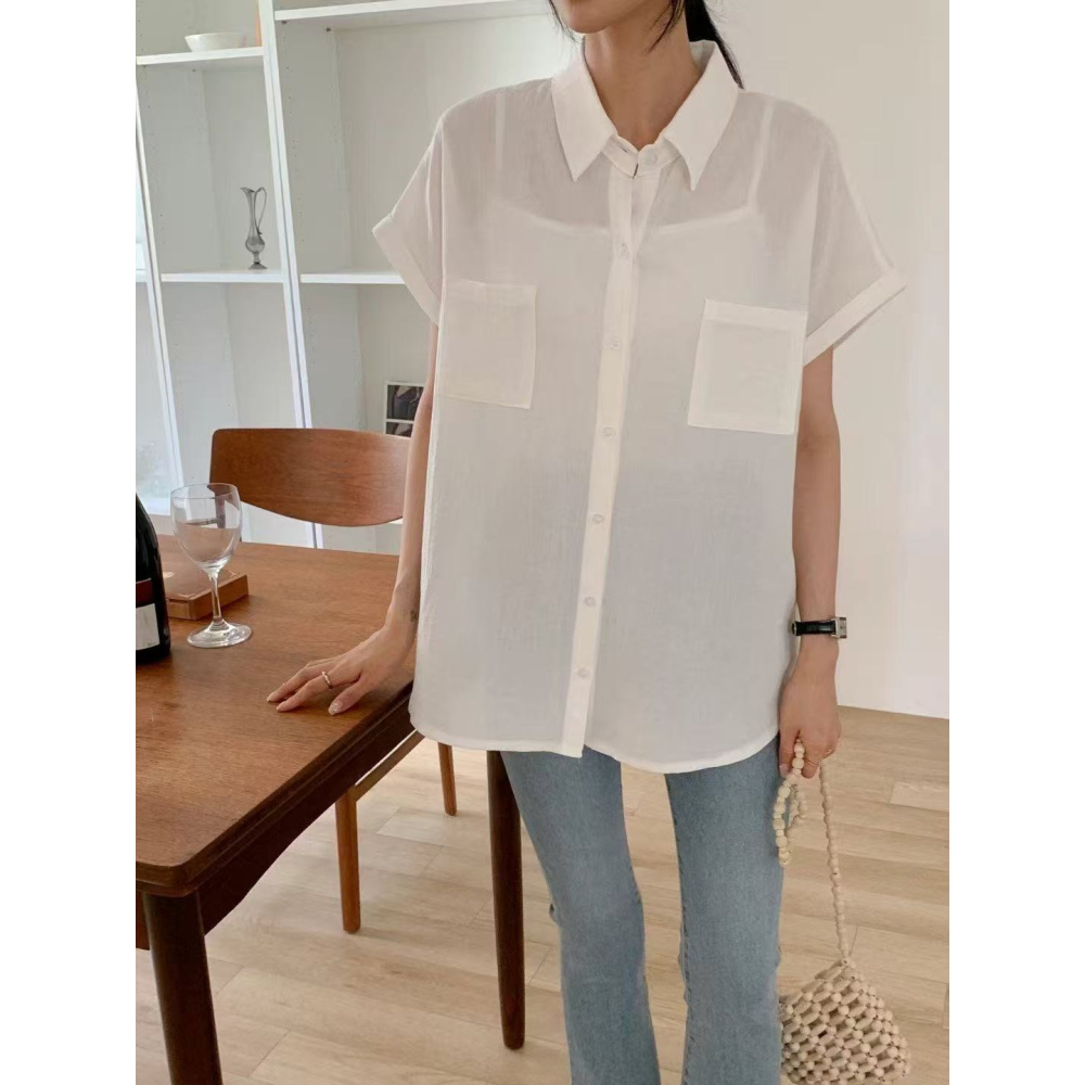 VENUSY｜正韓🇰🇷 - 透氣不貼膚舒適棉質☻ 韓國女裝｜口袋透光捲邊短袖襯衫 韓國襯衫-細節圖7