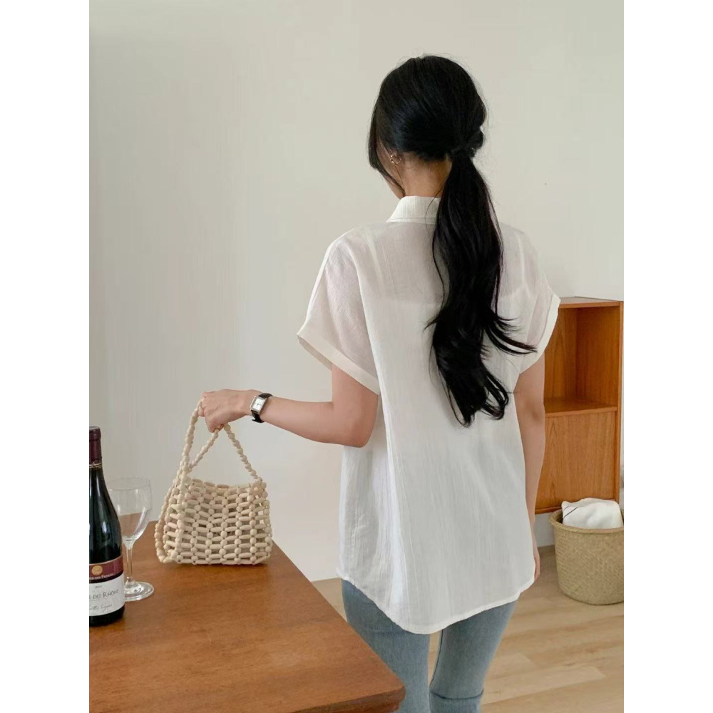 VENUSY｜正韓🇰🇷 - 透氣不貼膚舒適棉質☻ 韓國女裝｜口袋透光捲邊短袖襯衫 韓國襯衫-細節圖8