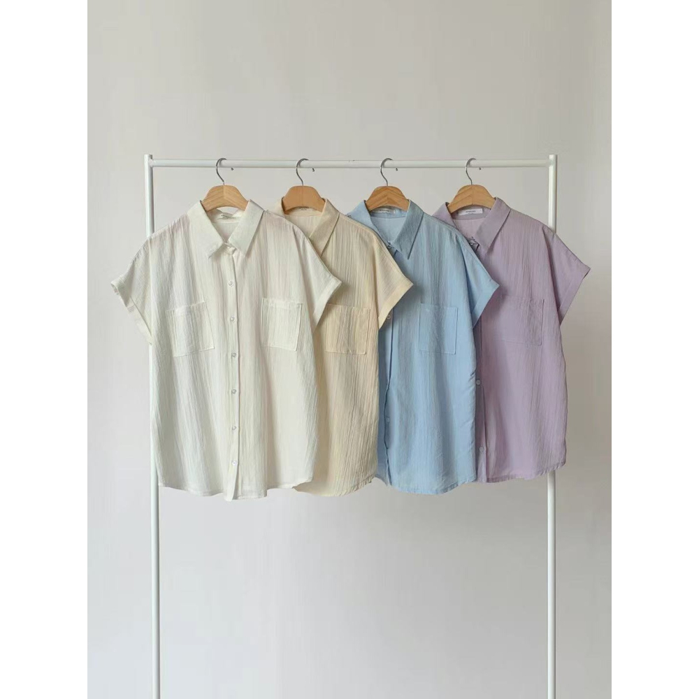 VENUSY｜正韓🇰🇷 - 透氣不貼膚舒適棉質☻ 韓國女裝｜口袋透光捲邊短袖襯衫 韓國襯衫-細節圖9