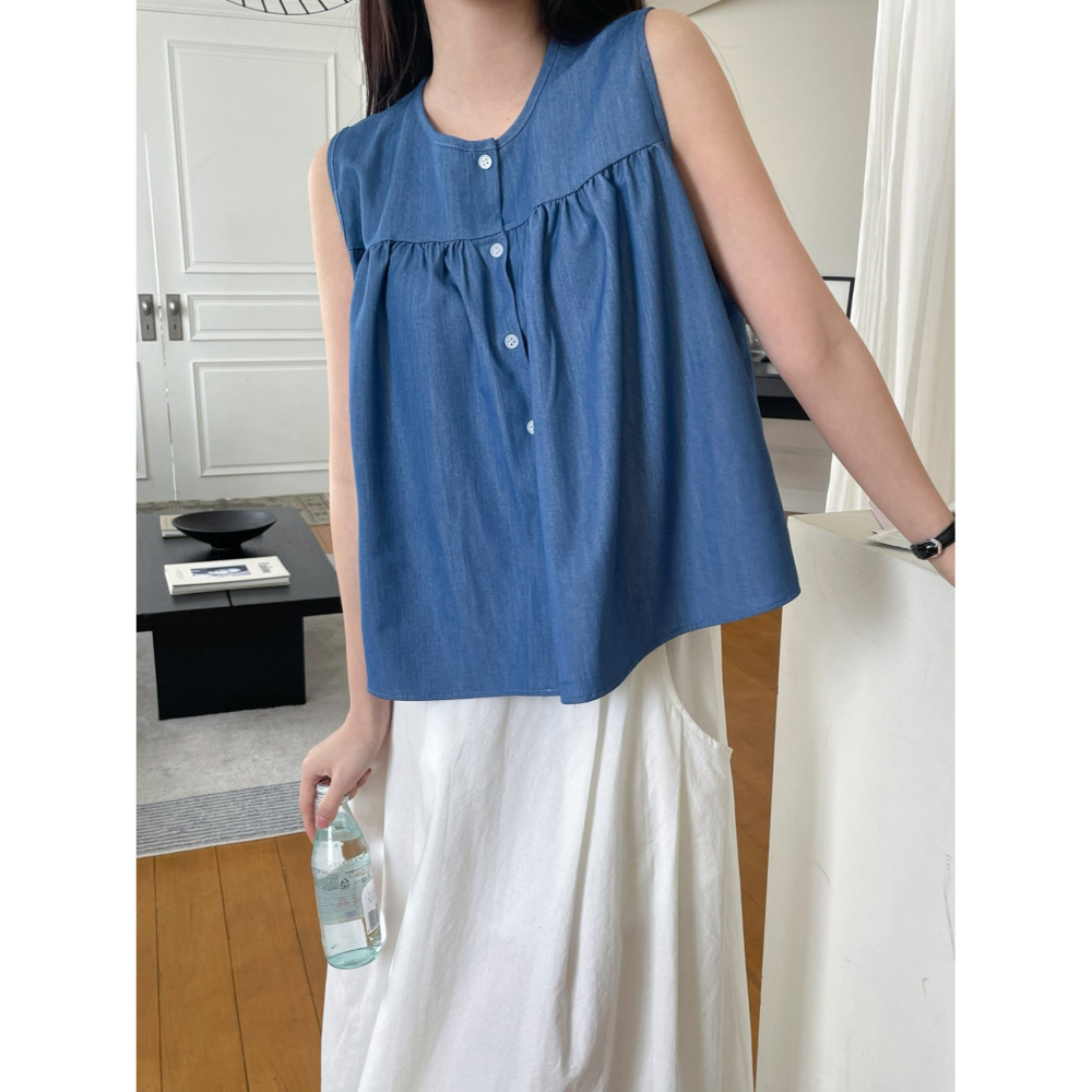 VENUSY｜正韓🇰🇷 - 韓國女裝｜牛仔抓皺背心-細節圖2