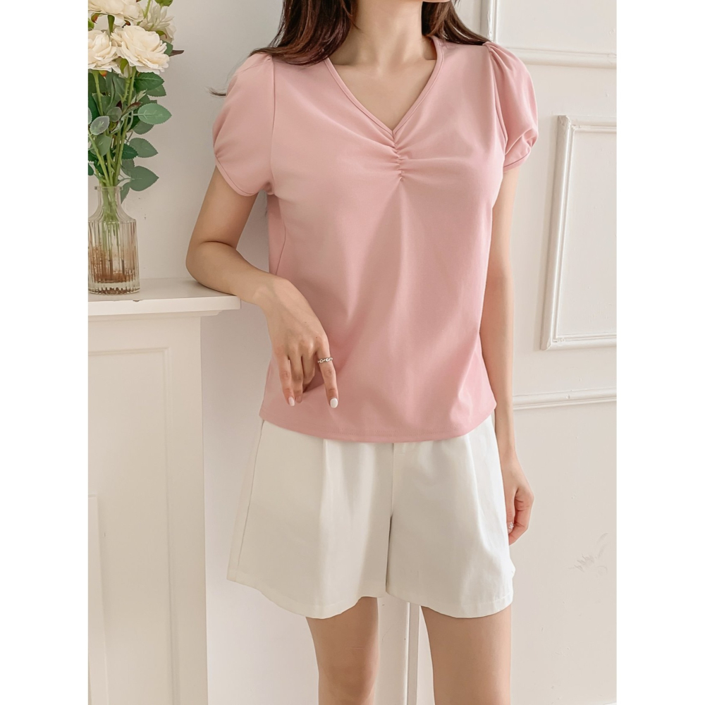 VENUSY｜正韓🇰🇷 - 韓國女裝｜V領抓皺泡泡袖T恤 韓國T恤-細節圖5