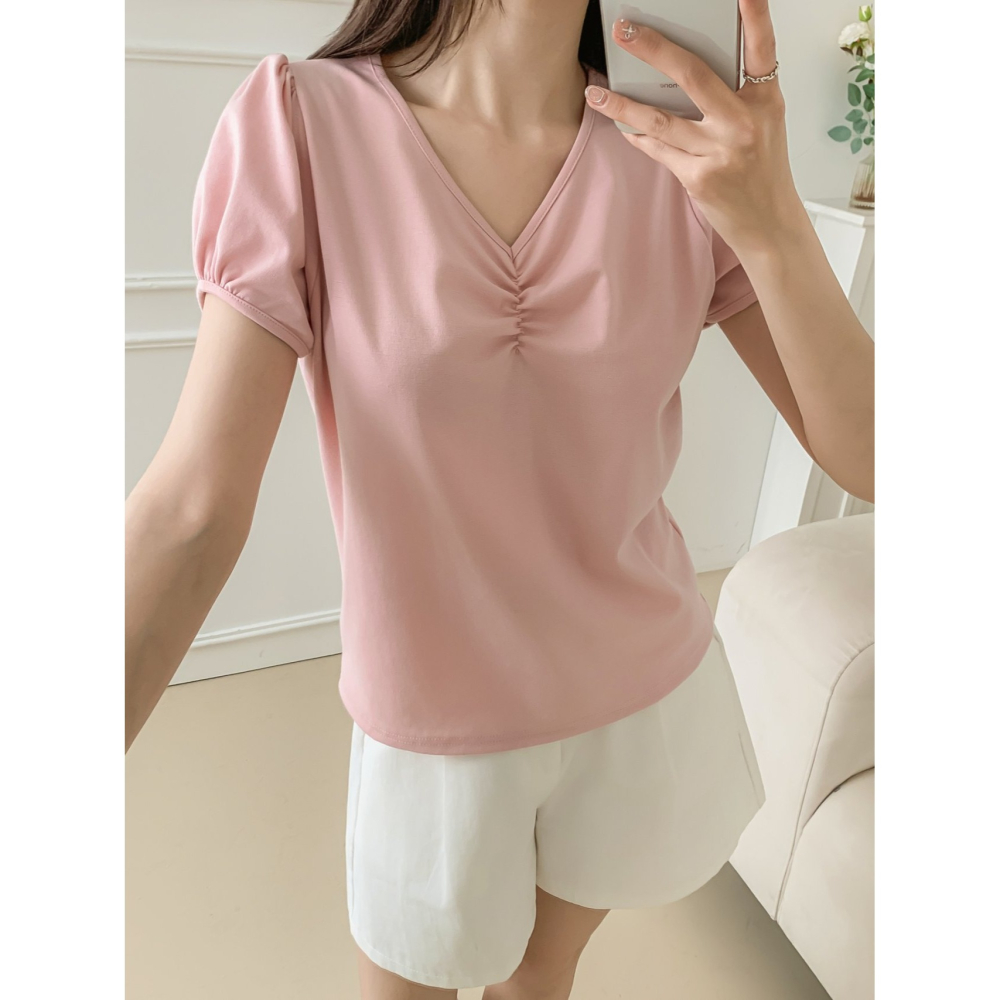 VENUSY｜正韓🇰🇷 - 韓國女裝｜V領抓皺泡泡袖T恤 韓國T恤-細節圖7