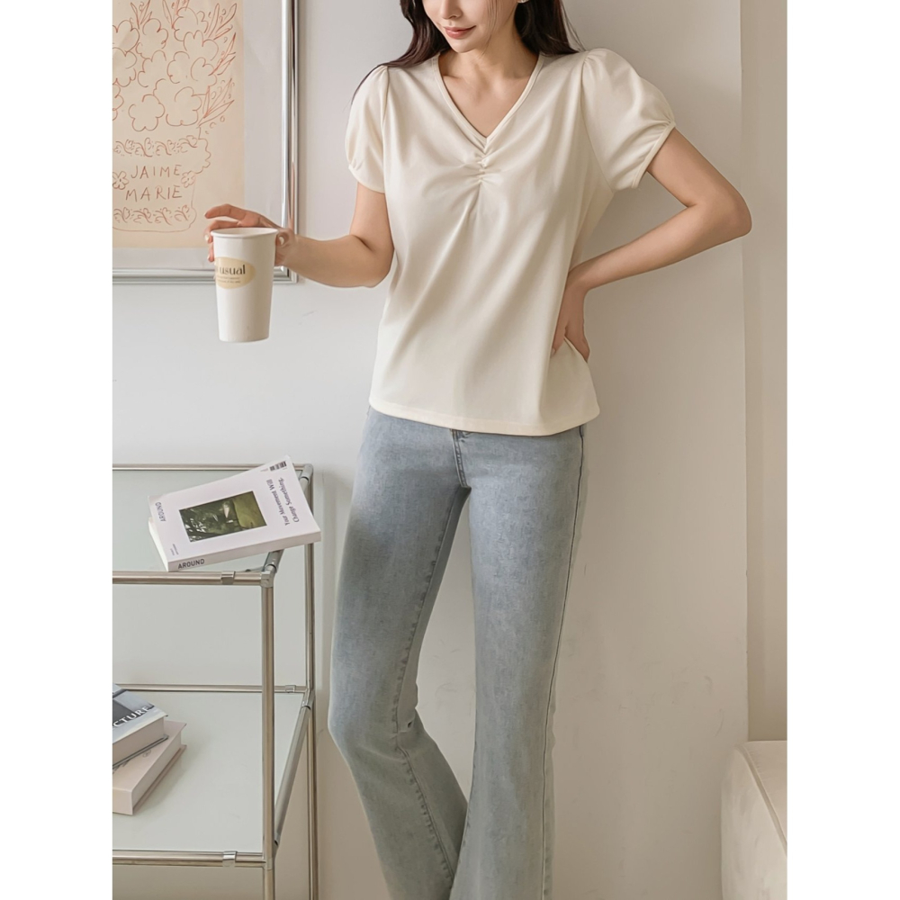 VENUSY｜正韓🇰🇷 - 韓國女裝｜V領抓皺泡泡袖T恤 韓國T恤-細節圖9