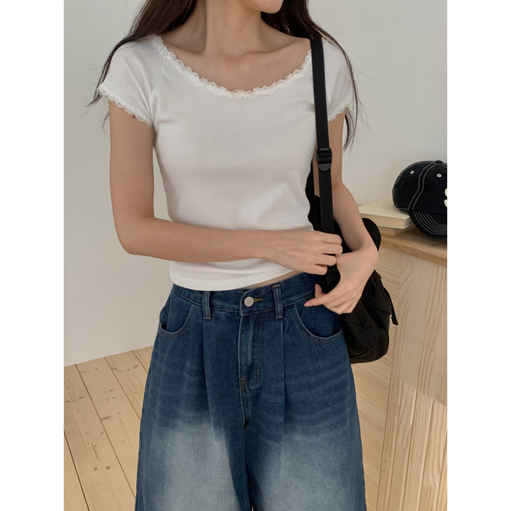 VENUSY｜正韓🇰🇷 - 韓國女裝｜蕾絲船領修身T恤 韓國T恤-細節圖2