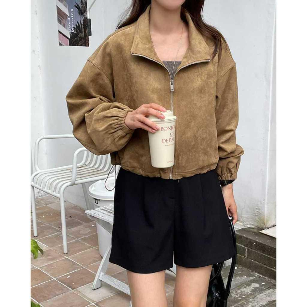 【高級感】VENUSY｜正韓🇰🇷 - 韓國東大門空運直送台灣｜復古麂皮短版拉鍊外套-細節圖3