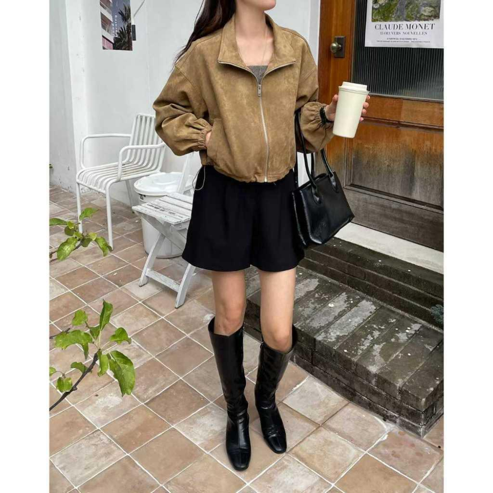 【高級感】VENUSY｜正韓🇰🇷 - 韓國東大門空運直送台灣｜復古麂皮短版拉鍊外套-細節圖5