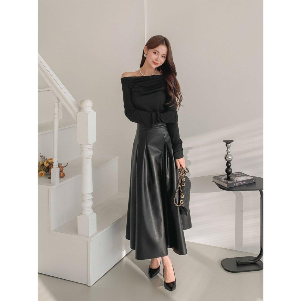 【顯瘦A字】VENUSY｜正韓🇰🇷 - 韓國東大門空運直送台灣｜赫本皮革長款傘裙-細節圖3