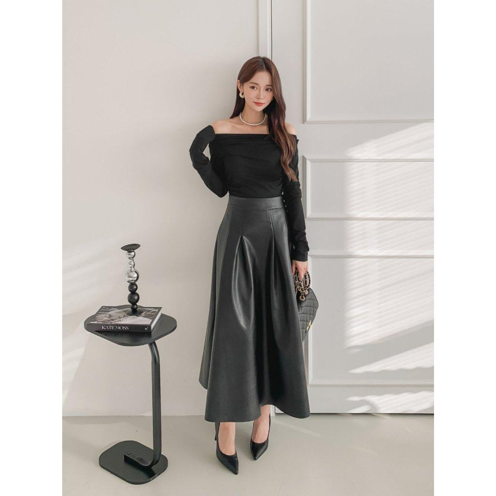 【顯瘦A字】VENUSY｜正韓🇰🇷 - 韓國東大門空運直送台灣｜赫本皮革長款傘裙-細節圖4