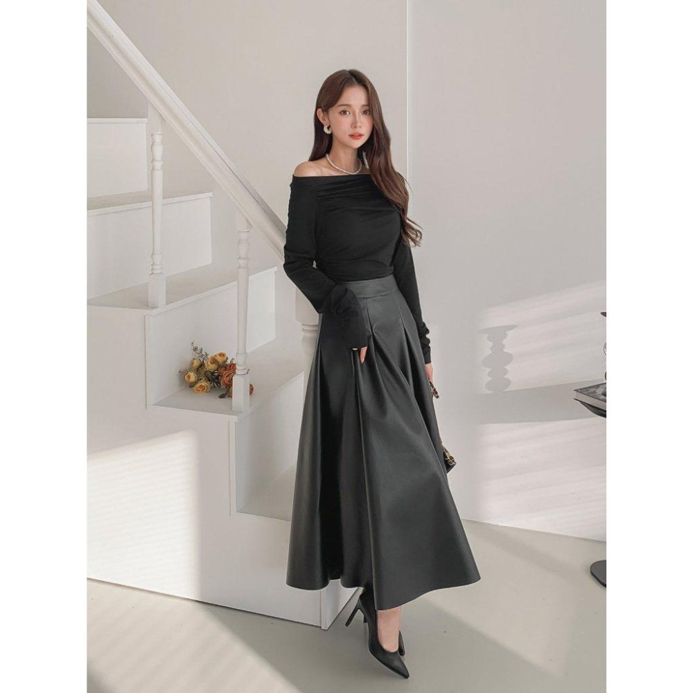 【顯瘦A字】VENUSY｜正韓🇰🇷 - 韓國東大門空運直送台灣｜赫本皮革長款傘裙-細節圖5