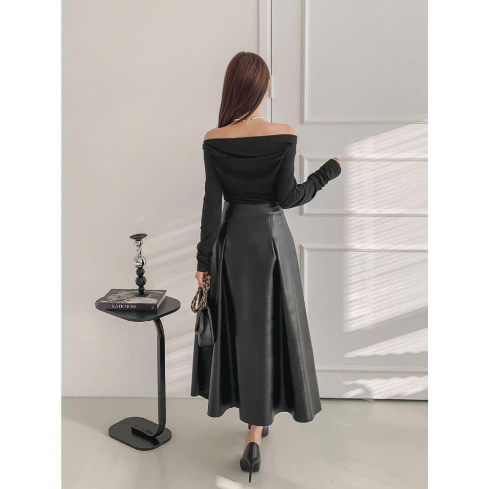 【顯瘦A字】VENUSY｜正韓🇰🇷 - 韓國東大門空運直送台灣｜赫本皮革長款傘裙-細節圖7