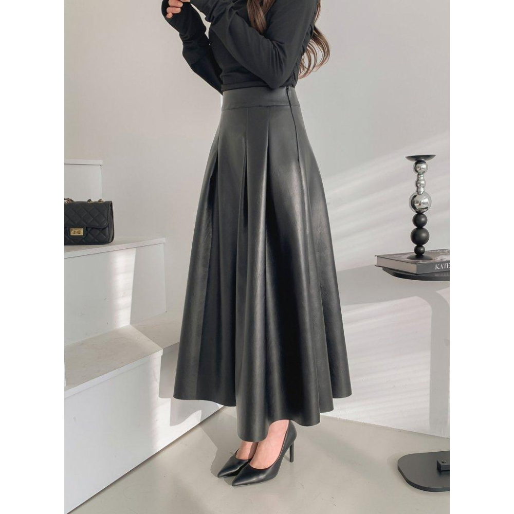 【顯瘦A字】VENUSY｜正韓🇰🇷 - 韓國東大門空運直送台灣｜赫本皮革長款傘裙-細節圖8