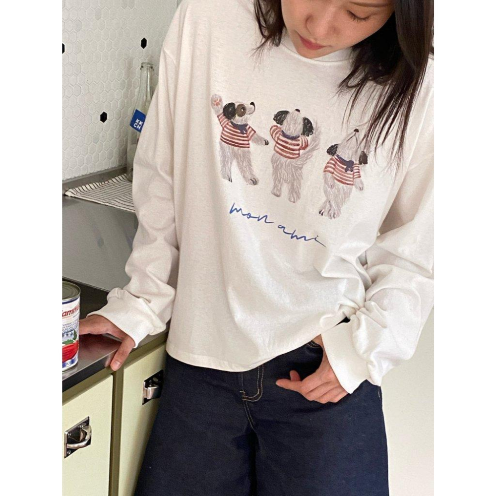 【100%水洗棉】VENUSY｜正韓🇰🇷 - 韓國東大門空運直送台灣｜寬鬆復古法式狗狗長袖T恤-細節圖2