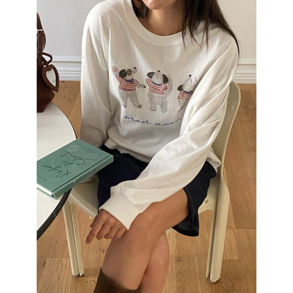 【100%水洗棉】VENUSY｜正韓🇰🇷 - 韓國東大門空運直送台灣｜寬鬆復古法式狗狗長袖T恤-細節圖3