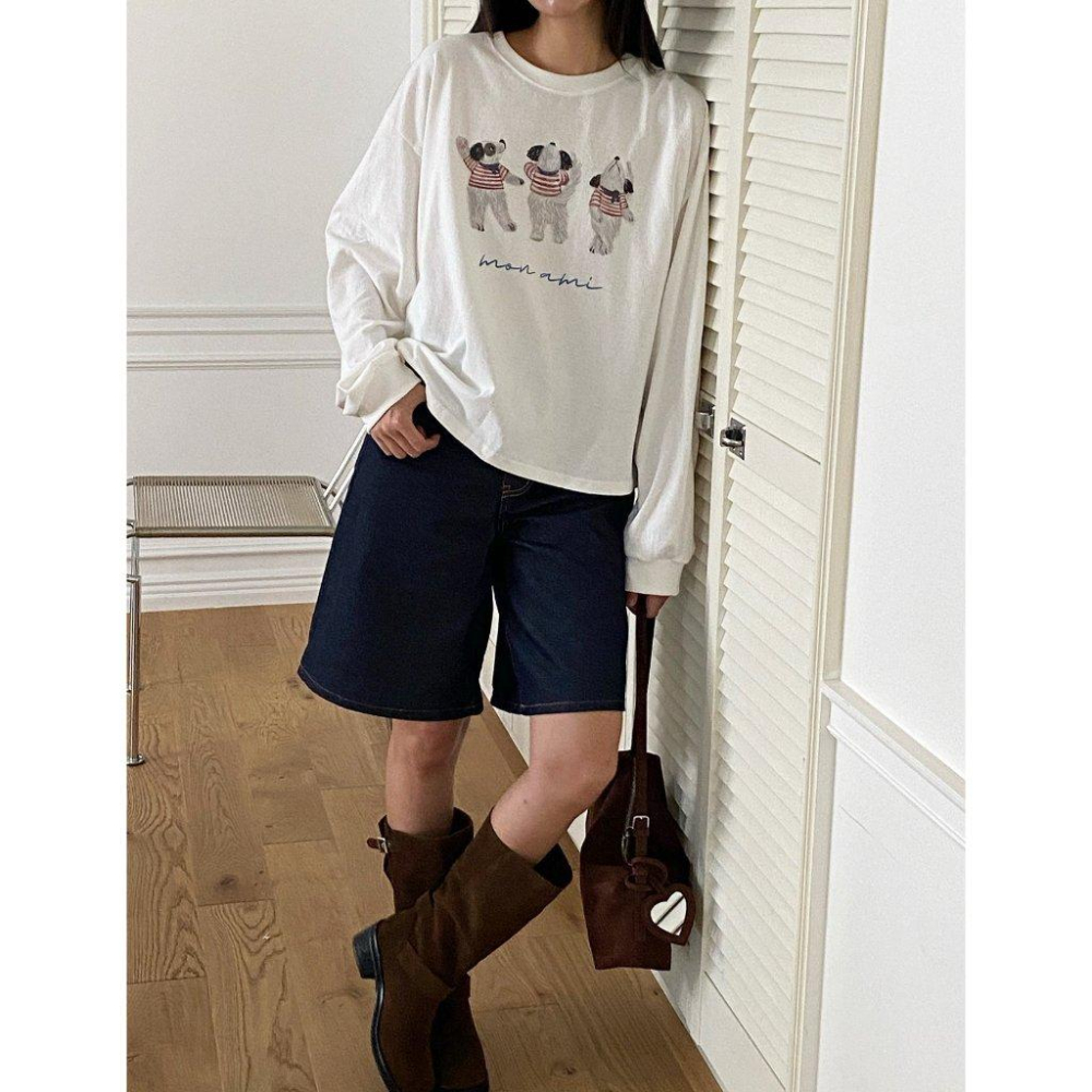 【100%水洗棉】VENUSY｜正韓🇰🇷 - 韓國東大門空運直送台灣｜寬鬆復古法式狗狗長袖T恤-細節圖4