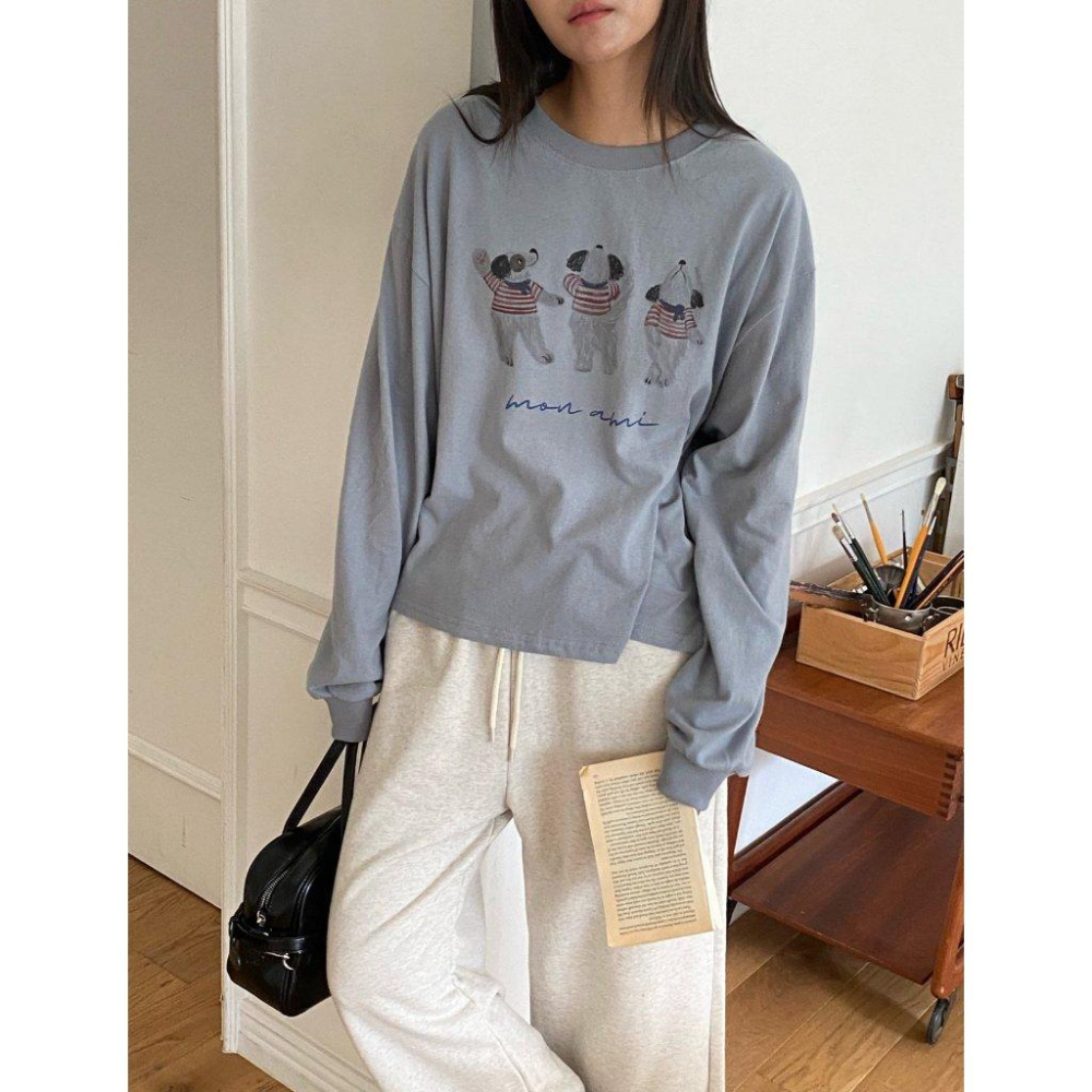 【100%水洗棉】VENUSY｜正韓🇰🇷 - 韓國東大門空運直送台灣｜寬鬆復古法式狗狗長袖T恤-細節圖5