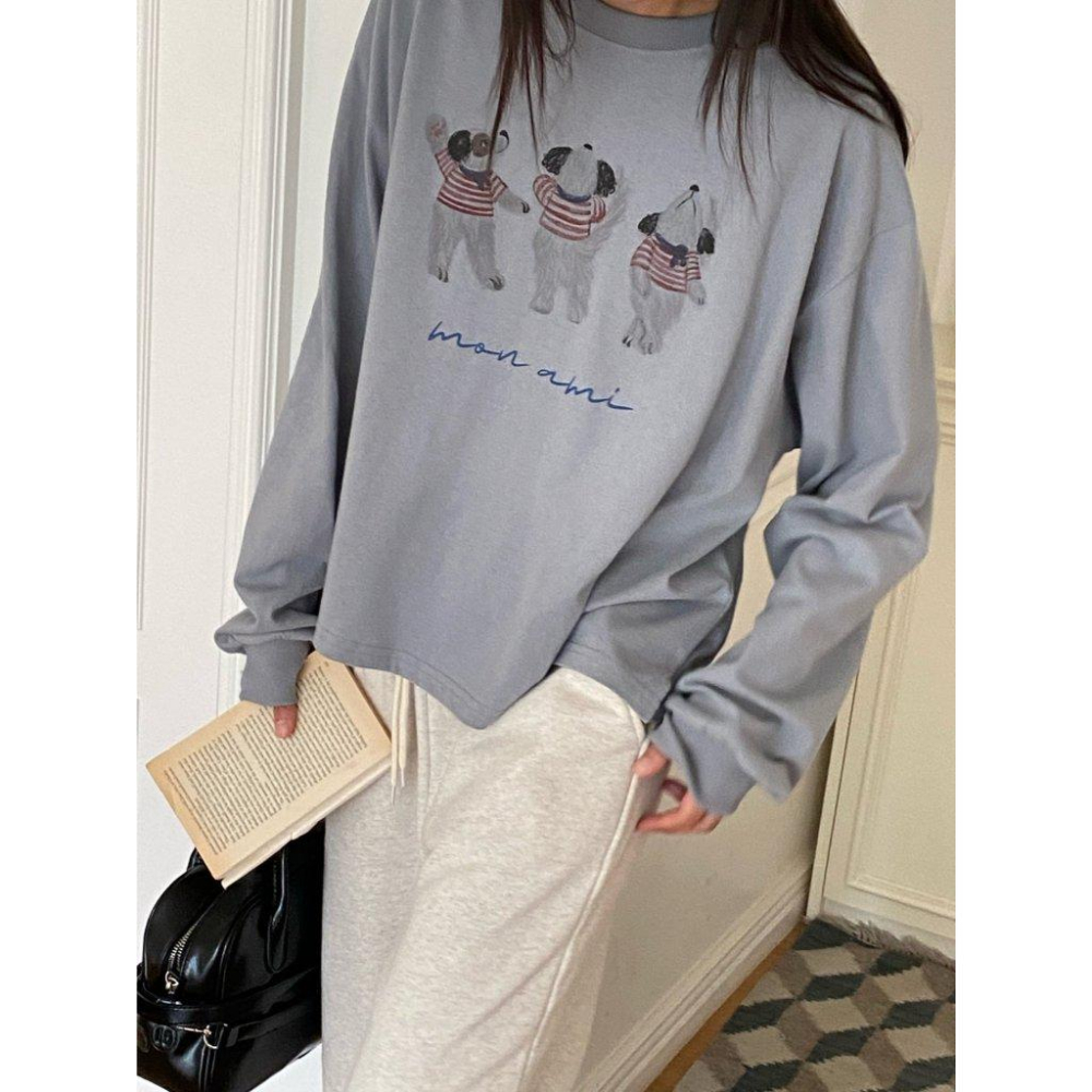 【100%水洗棉】VENUSY｜正韓🇰🇷 - 韓國東大門空運直送台灣｜寬鬆復古法式狗狗長袖T恤-細節圖6