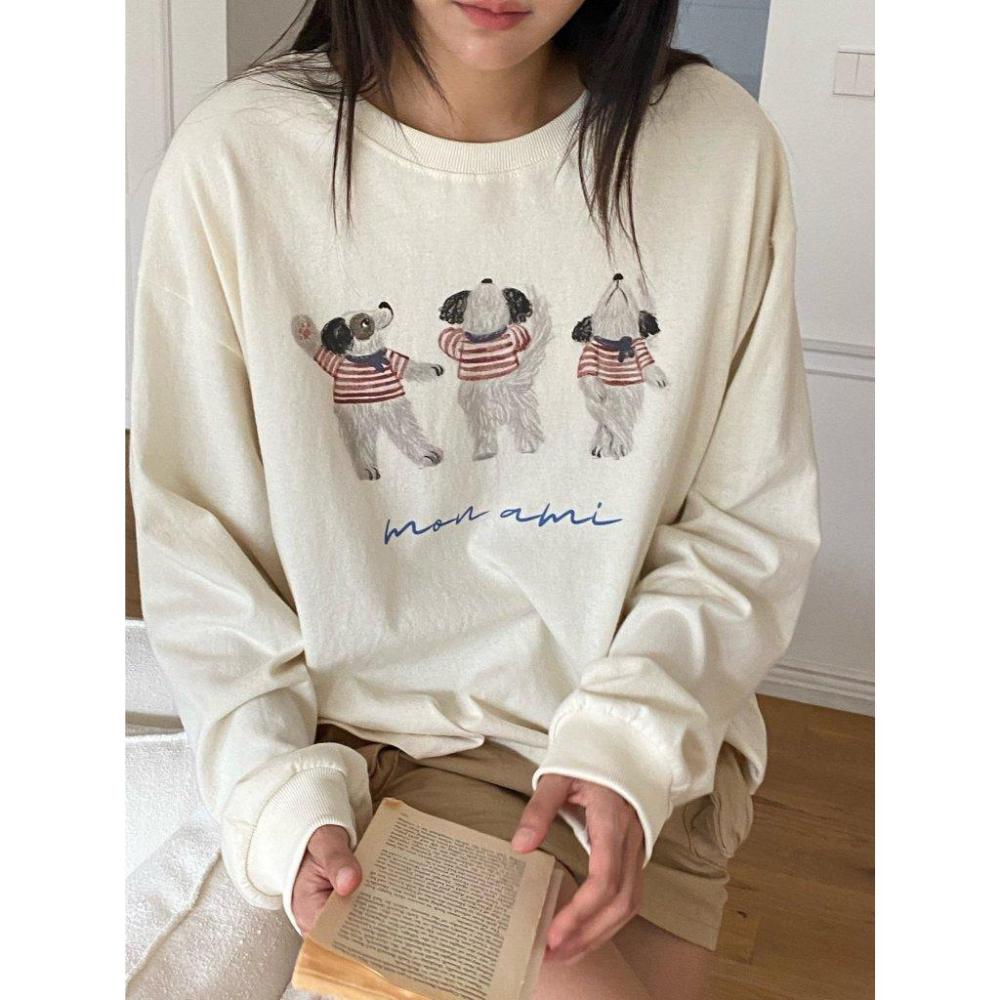 【100%水洗棉】VENUSY｜正韓🇰🇷 - 韓國東大門空運直送台灣｜寬鬆復古法式狗狗長袖T恤-細節圖7