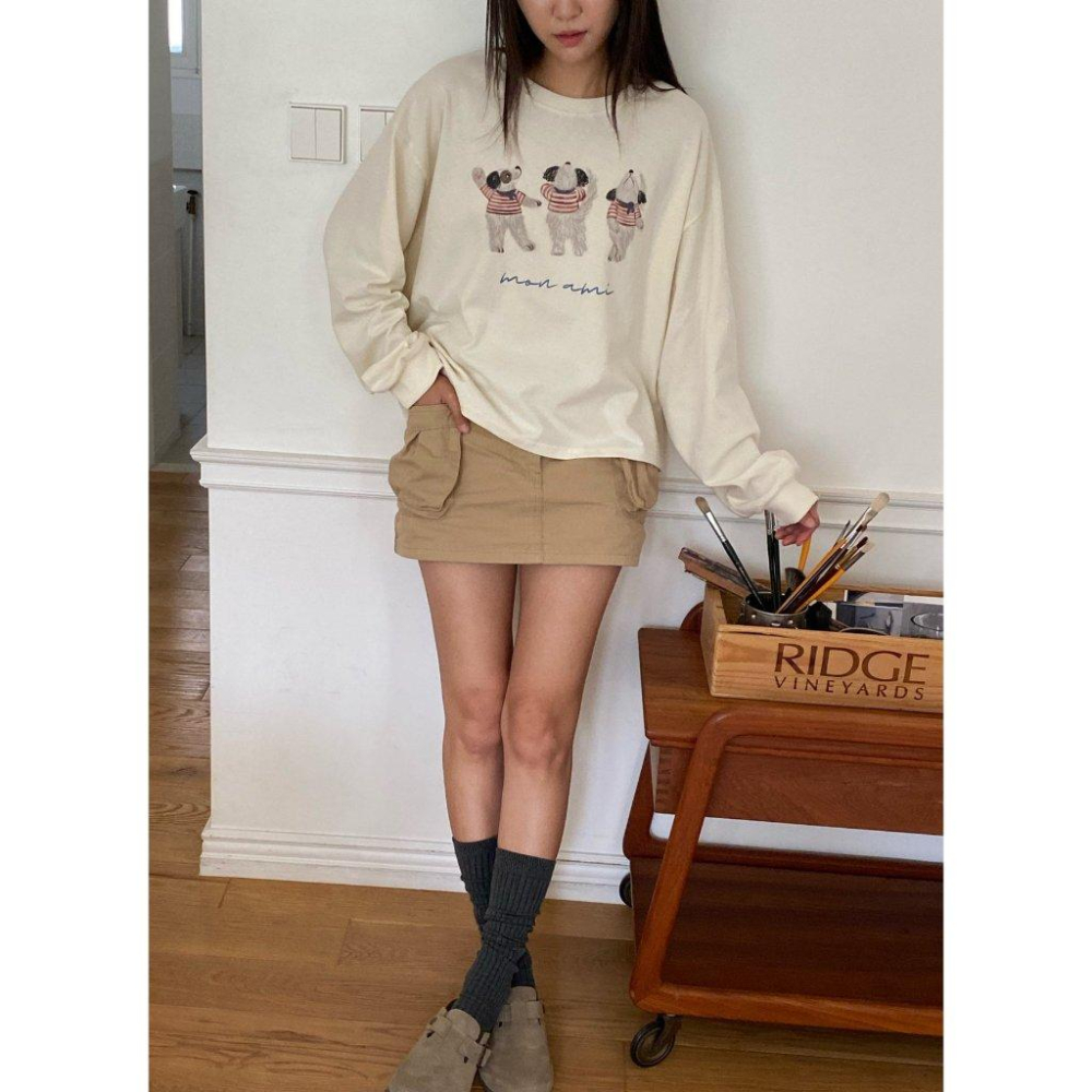 【100%水洗棉】VENUSY｜正韓🇰🇷 - 韓國東大門空運直送台灣｜寬鬆復古法式狗狗長袖T恤-細節圖8