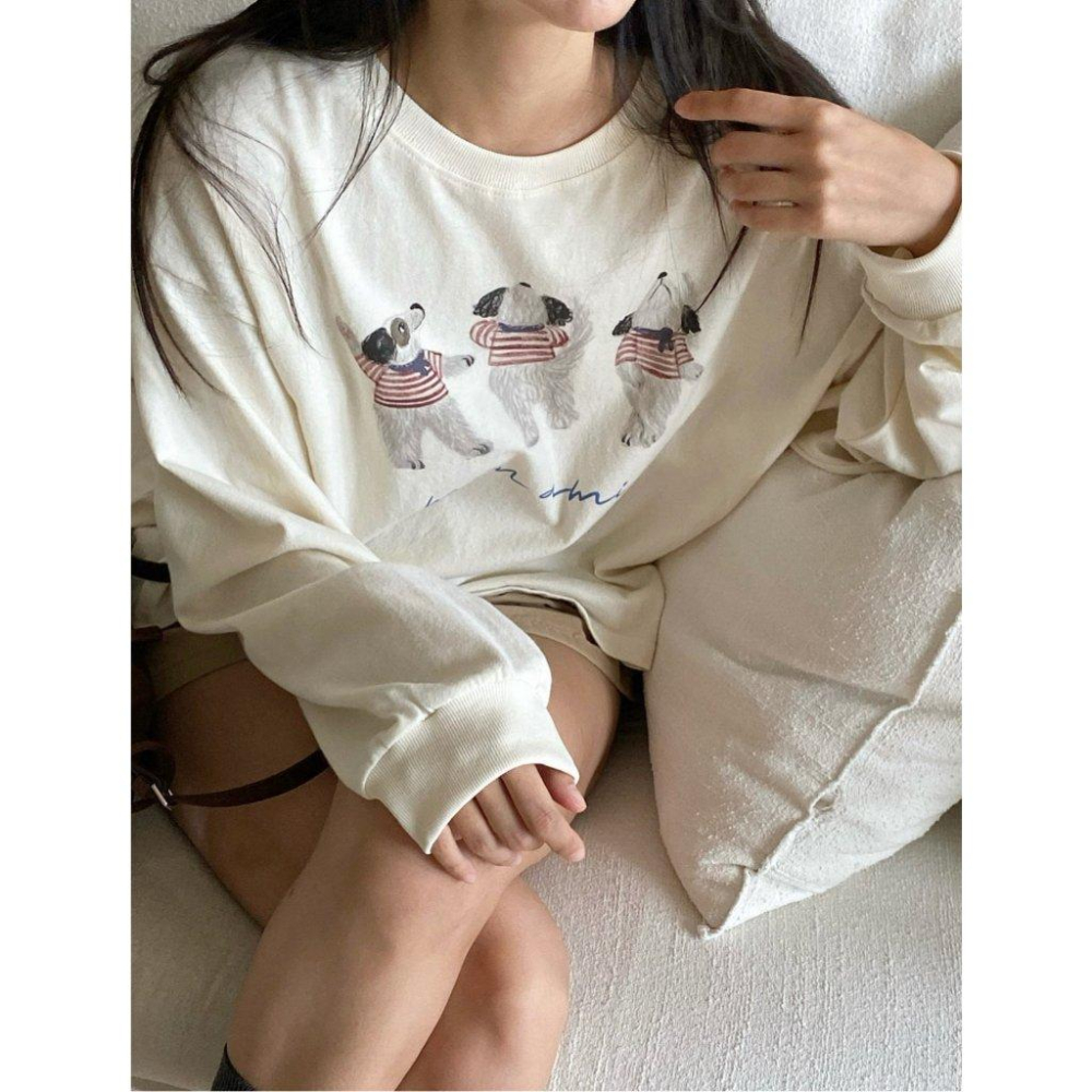 【100%水洗棉】VENUSY｜正韓🇰🇷 - 韓國東大門空運直送台灣｜寬鬆復古法式狗狗長袖T恤-細節圖9