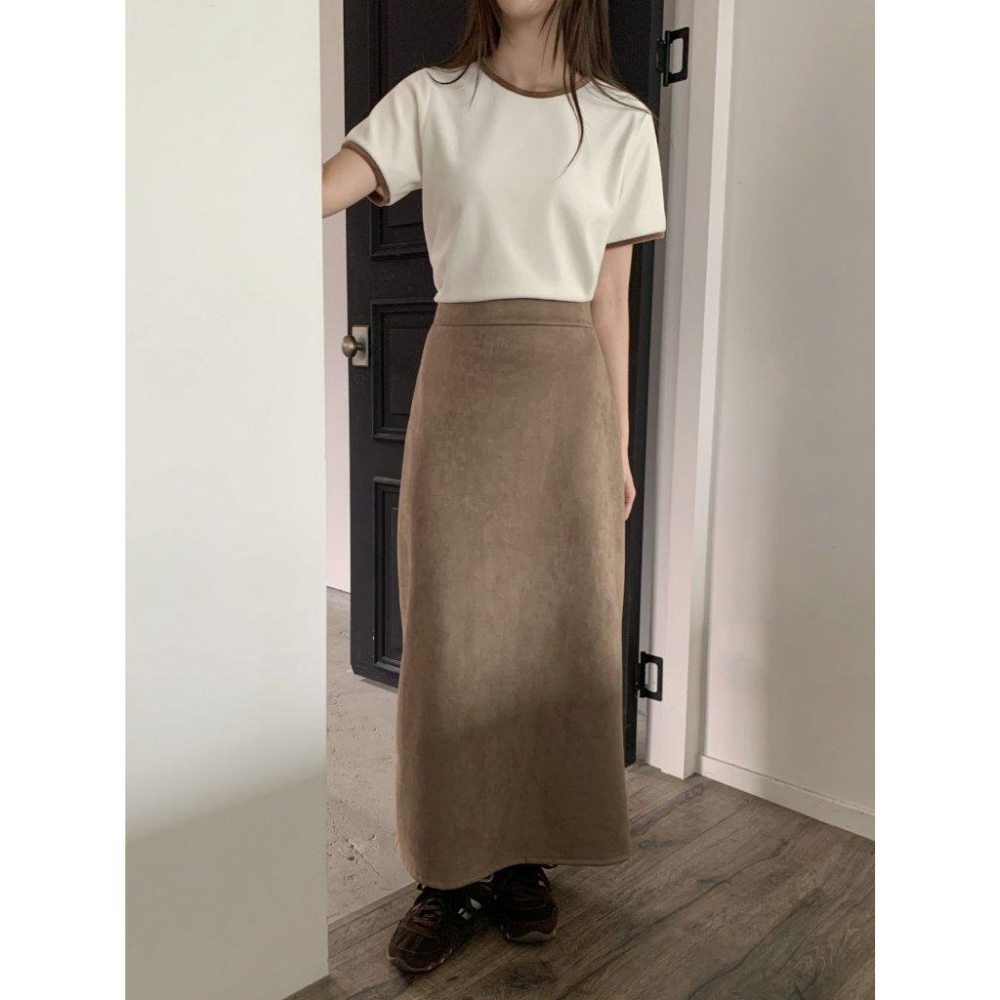 【高腰顯瘦】VENUSY｜正韓🇰🇷 - 韓國東大門空運直送台灣｜A字直筒麂皮長裙-細節圖2