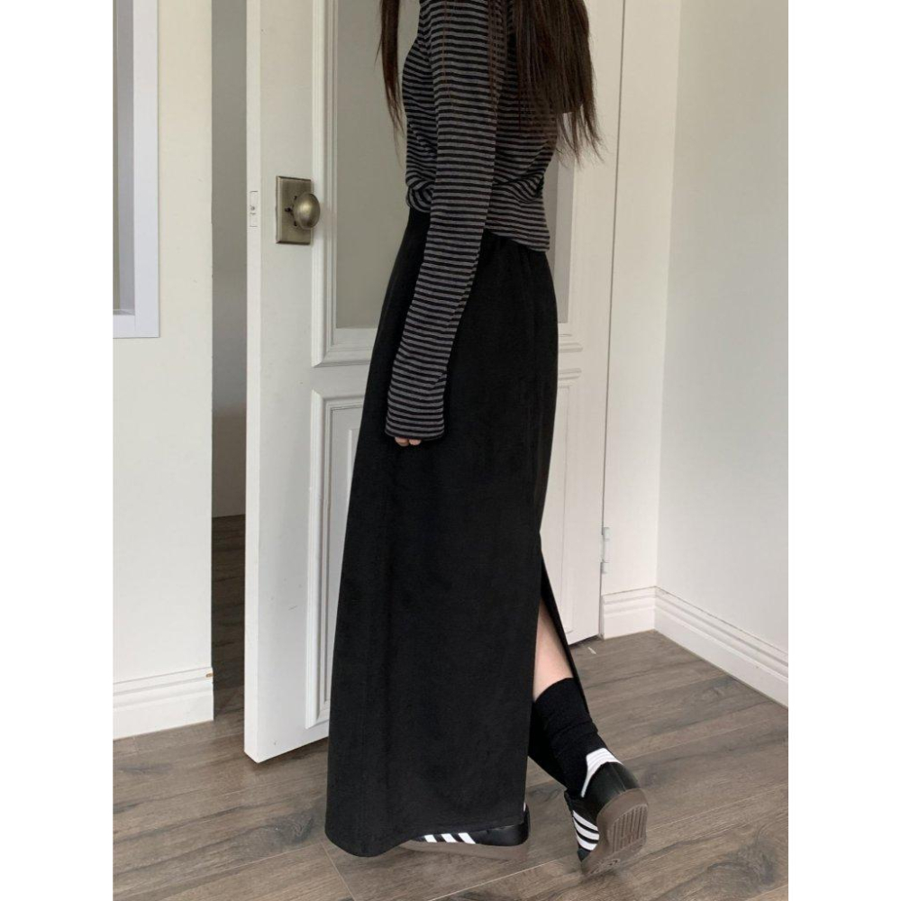 【高腰顯瘦】VENUSY｜正韓🇰🇷 - 韓國東大門空運直送台灣｜A字直筒麂皮長裙-細節圖4