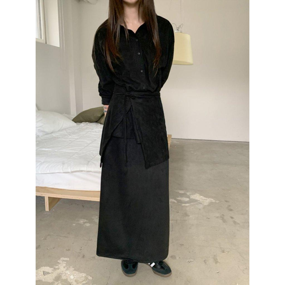 【高腰顯瘦】VENUSY｜正韓🇰🇷 - 韓國東大門空運直送台灣｜A字直筒麂皮長裙-細節圖5