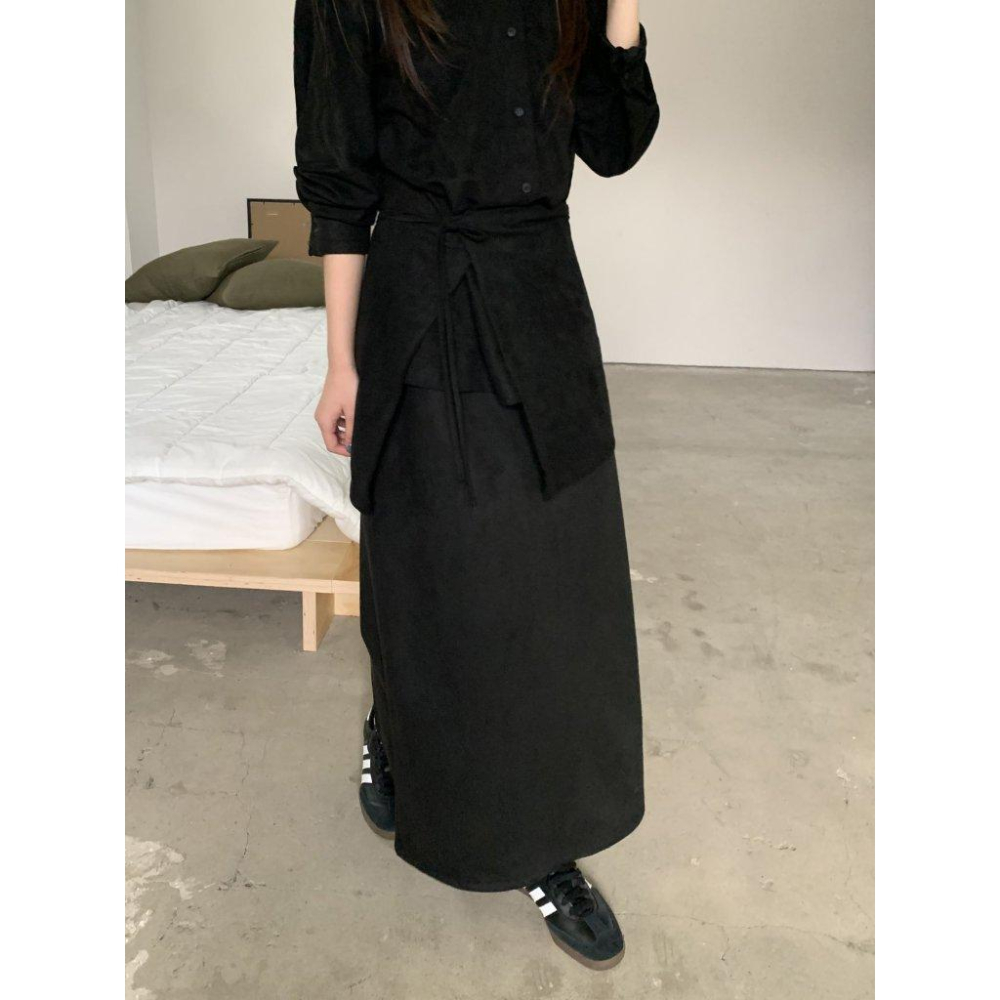 【高腰顯瘦】VENUSY｜正韓🇰🇷 - 韓國東大門空運直送台灣｜A字直筒麂皮長裙-細節圖6