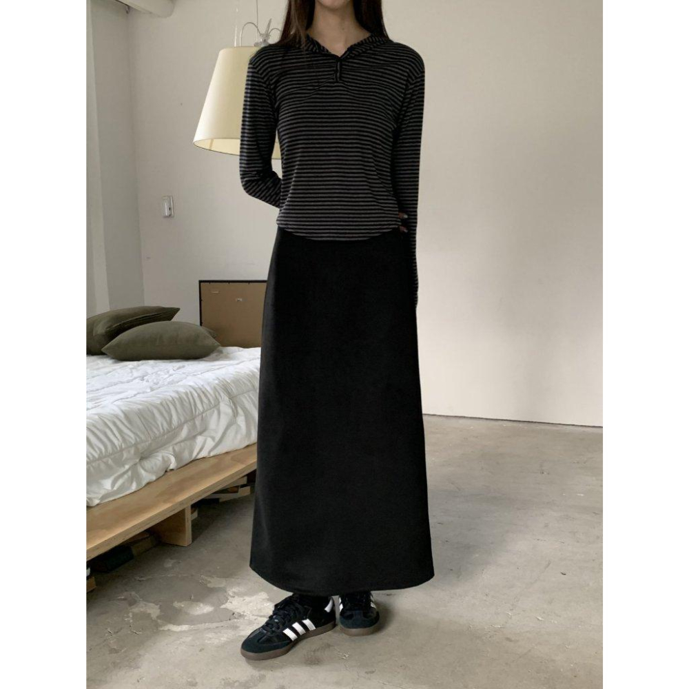 【高腰顯瘦】VENUSY｜正韓🇰🇷 - 韓國東大門空運直送台灣｜A字直筒麂皮長裙-細節圖7