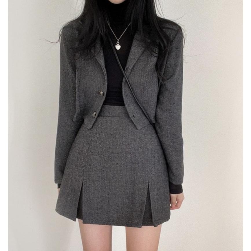 【韓系氣質】VENUSY｜正韓🇰🇷 - 韓國東大門空運直送台灣｜小香風短版外套＋開衩短裙 (套裝)-細節圖5