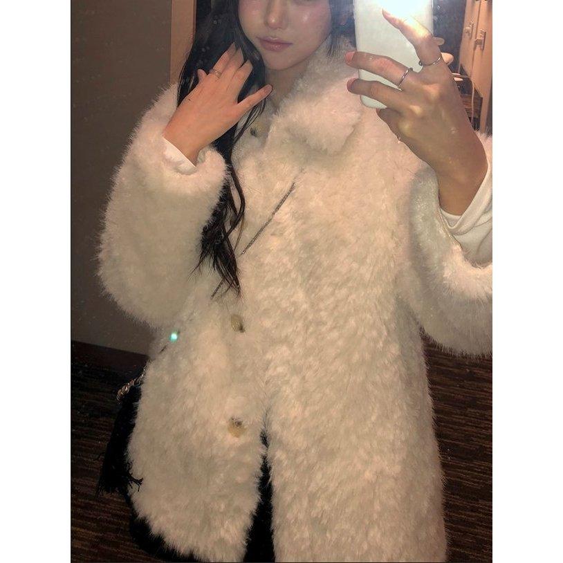 【高質感羊毛】VENUSY｜正韓🇰🇷 - 韓國東大門空運直送台灣｜翻領羊羔絨中長夾克 大衣 外套-細節圖3