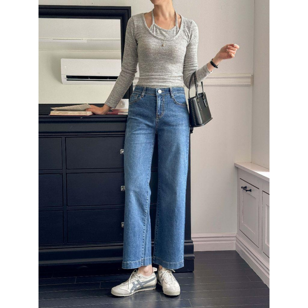 【96%棉彈性舒適】VENUSY｜正韓🇰🇷 - 韓國東大門空運直送台灣｜修身半闊腿牛仔褲-細節圖2