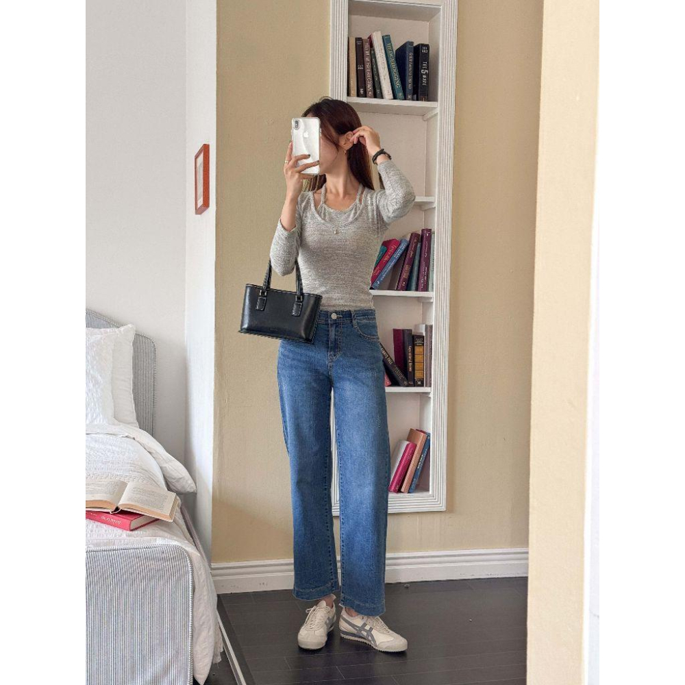 【96%棉彈性舒適】VENUSY｜正韓🇰🇷 - 韓國東大門空運直送台灣｜修身半闊腿牛仔褲-細節圖3