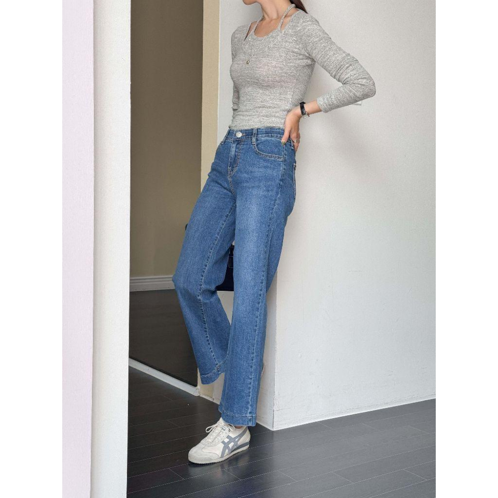 【96%棉彈性舒適】VENUSY｜正韓🇰🇷 - 韓國東大門空運直送台灣｜修身半闊腿牛仔褲-細節圖4