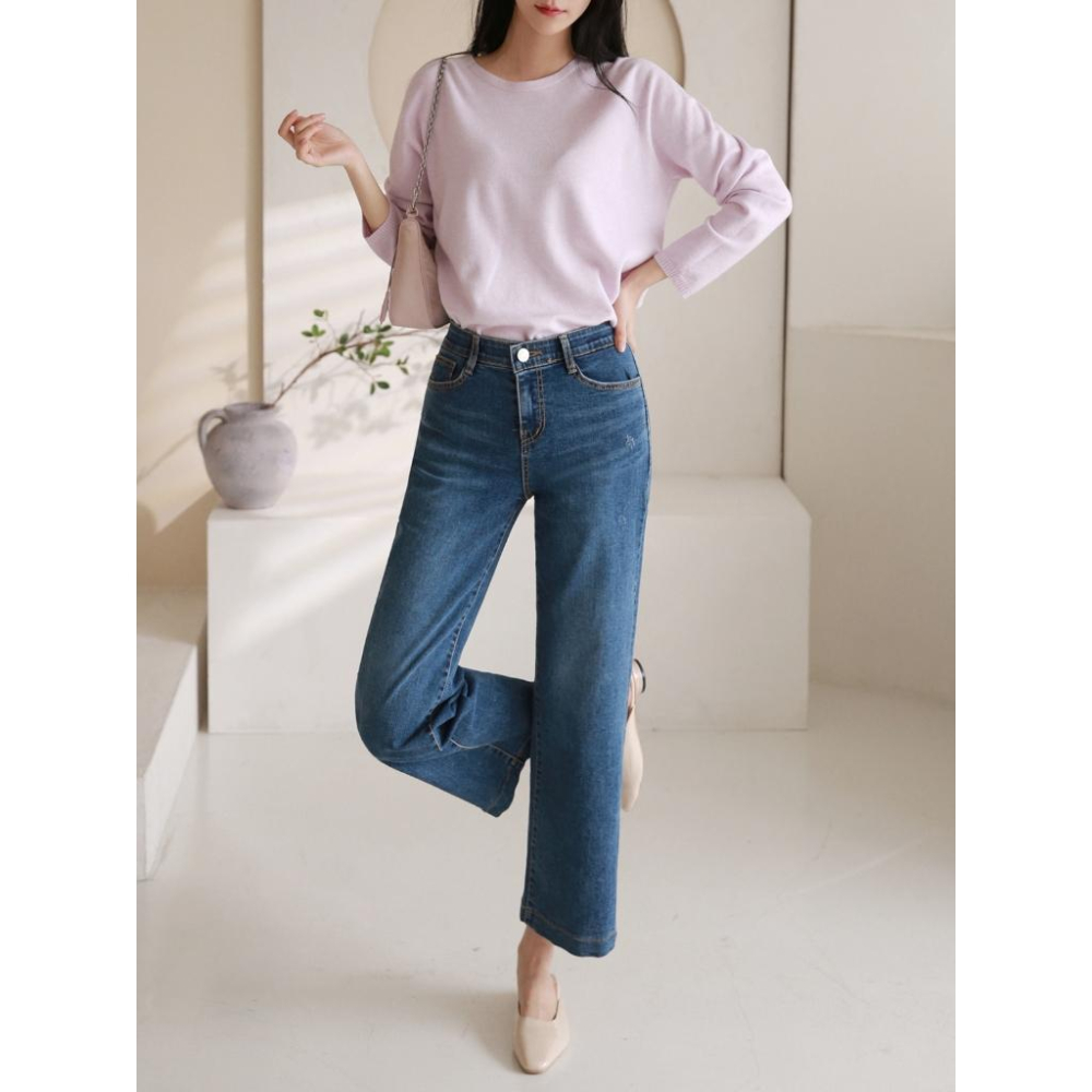 【96%棉彈性舒適】VENUSY｜正韓🇰🇷 - 韓國東大門空運直送台灣｜修身半闊腿牛仔褲-細節圖6