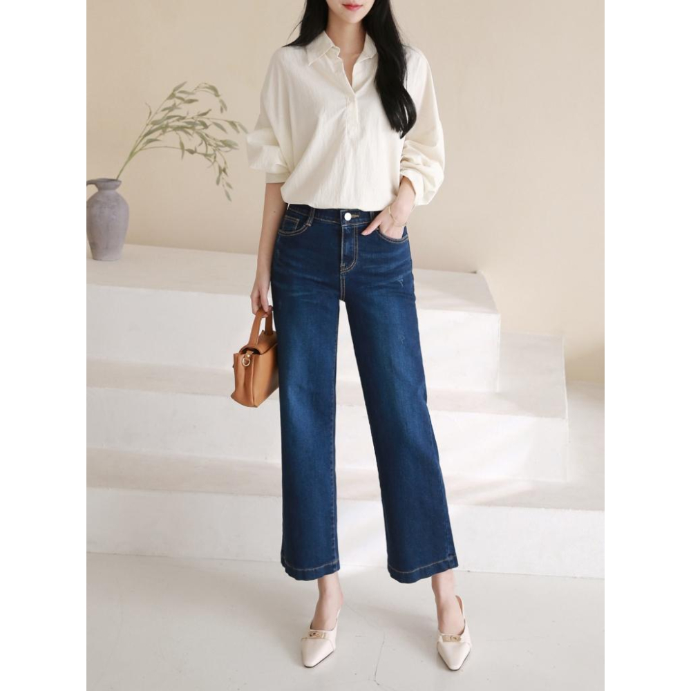 【96%棉彈性舒適】VENUSY｜正韓🇰🇷 - 韓國東大門空運直送台灣｜修身半闊腿牛仔褲-細節圖7