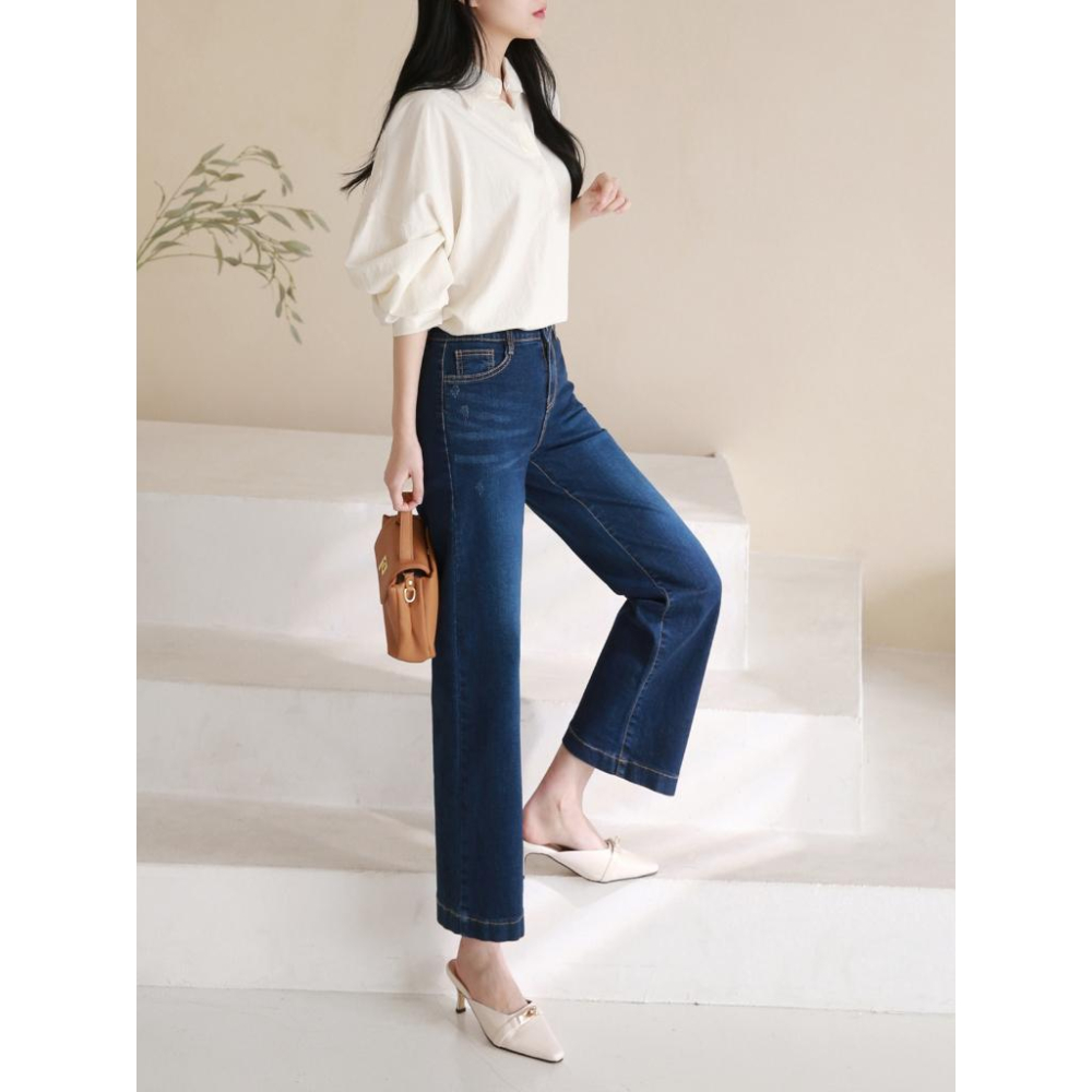 【96%棉彈性舒適】VENUSY｜正韓🇰🇷 - 韓國東大門空運直送台灣｜修身半闊腿牛仔褲-細節圖8