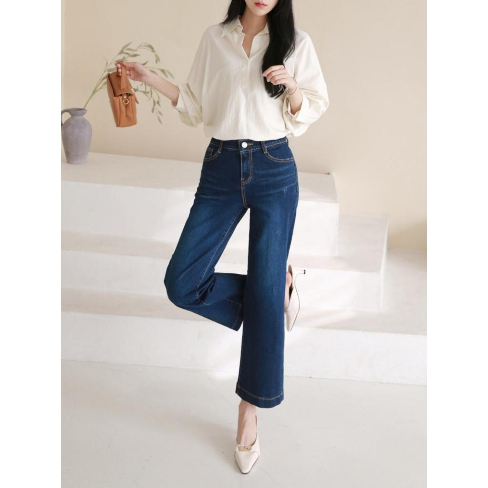 【96%棉彈性舒適】VENUSY｜正韓🇰🇷 - 韓國東大門空運直送台灣｜修身半闊腿牛仔褲-細節圖9