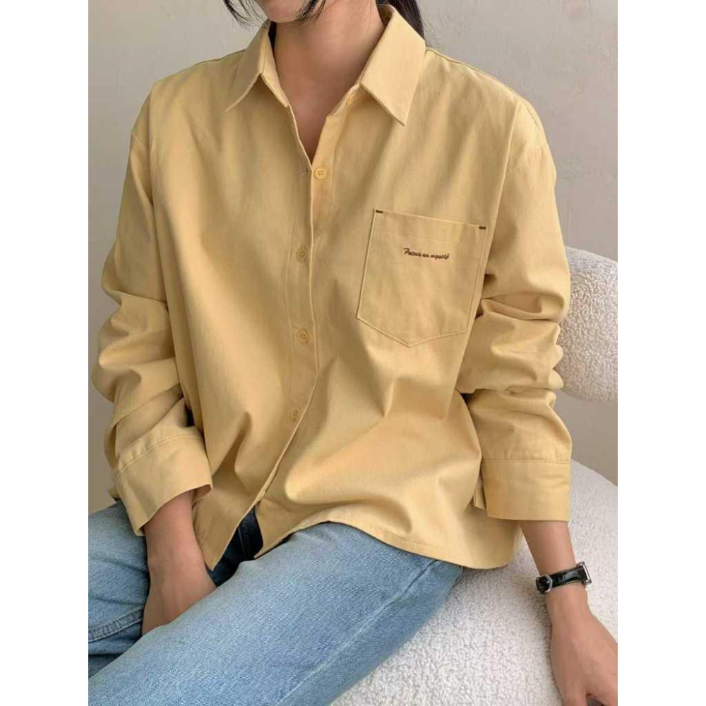 【100%純棉】VENUSY｜正韓🇰🇷 - 韓國東大門空運直送台灣｜刷毛字母純棉襯衫-細節圖2