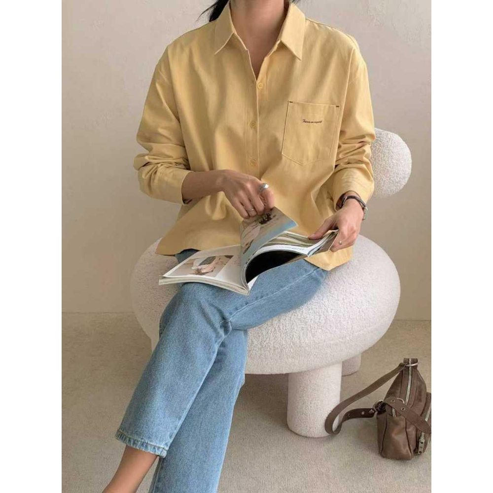 【100%純棉】VENUSY｜正韓🇰🇷 - 韓國東大門空運直送台灣｜刷毛字母純棉襯衫-細節圖3