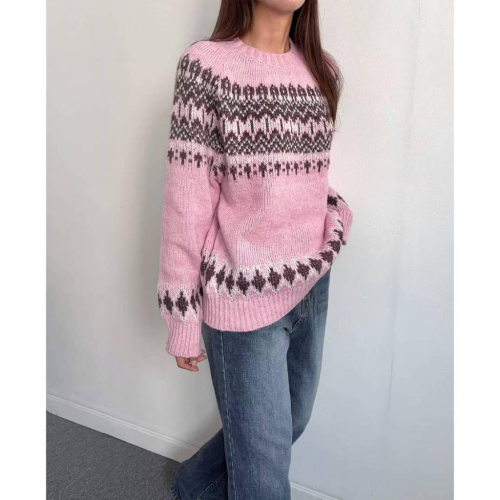 【北歐復古提花】VENUSY｜正韓🇰🇷 - 韓國東大門空運直送台灣｜花卉寬鬆圓領針織衫-細節圖7