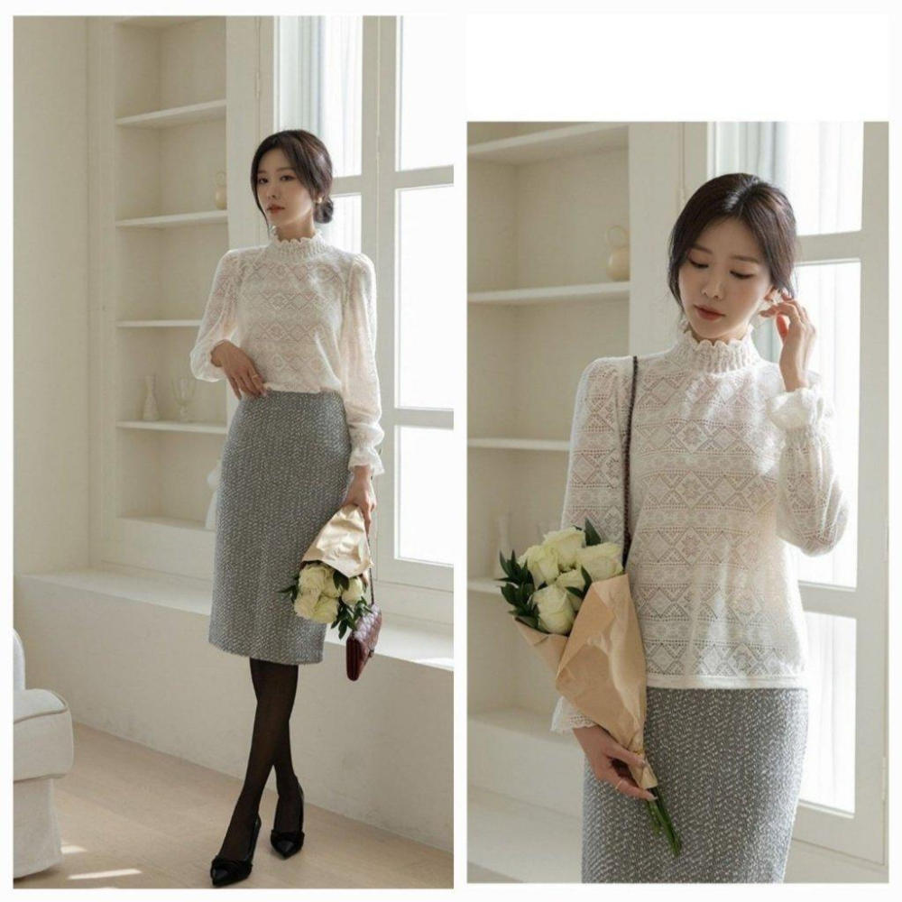 【中領氣質】VENUSY｜正韓🇰🇷 - 韓國東大門空運直送台灣｜柔軟羊毛半領蕾絲上衣 T恤-細節圖7