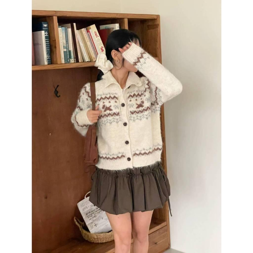 【溫柔北歐雪景款】VENUSY｜正韓🇰🇷 - 韓國東大門空運直送台灣｜羊毛翻領針織開衫外套-細節圖3