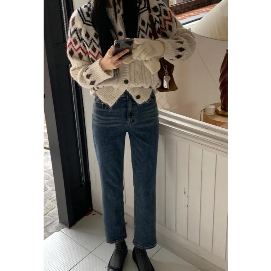 【98%棉高舒適】VENUSY｜正韓🇰🇷 - 韓國東大門空運直送台灣｜微彈加絨錐形牛仔褲 小個子 短款-細節圖3