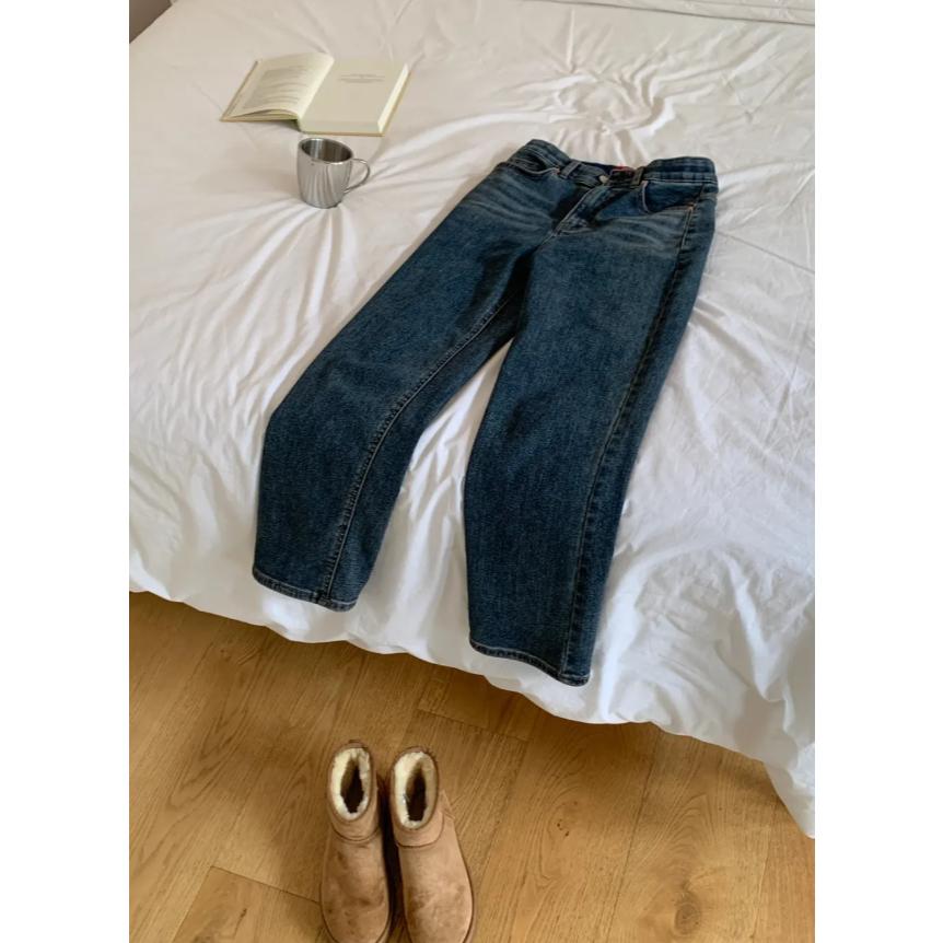 【98%棉高舒適】VENUSY｜正韓🇰🇷 - 韓國東大門空運直送台灣｜微彈加絨錐形牛仔褲 小個子 短款-細節圖5